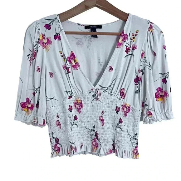 Forever 21 Tops - ❤️ 3/$15 Forever 21 White Pink Floral Puff Sleeve Crop Top Peasant Blouse Size L